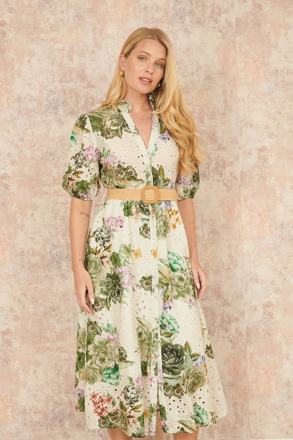 Yumi Yumi Women's Green Cotton Broderie Anglaise Midi Shirt Dress