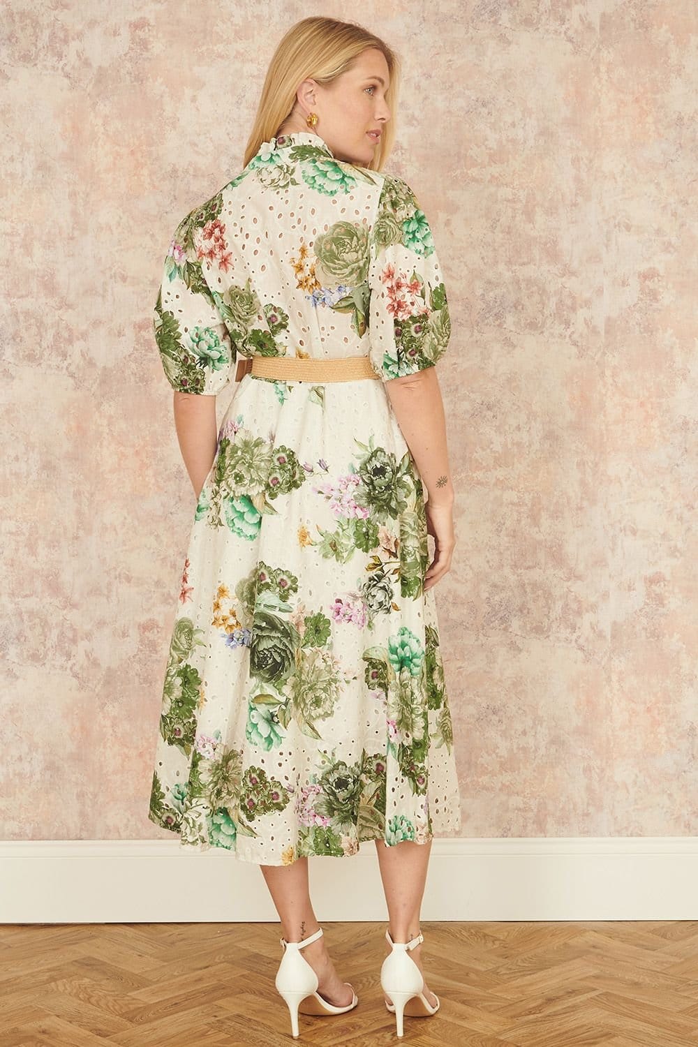 Yumi Yumi Women's Green Cotton Broderie Anglaise Midi Shirt Dress - 4