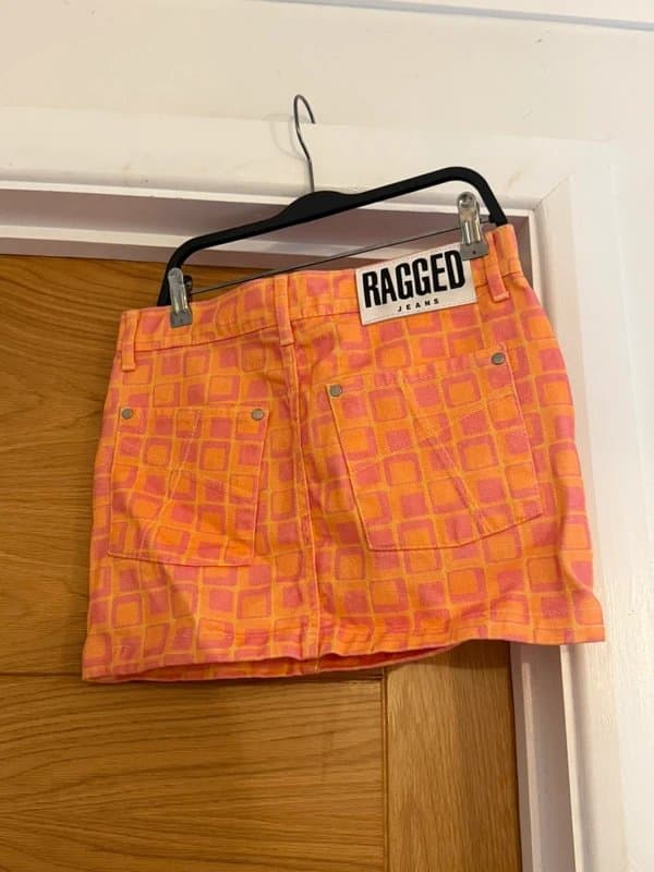 the Ragged priest The Ragged Priest Jeans Orange & Pink Doll Retro Geometric Square Denim Mini Skirt