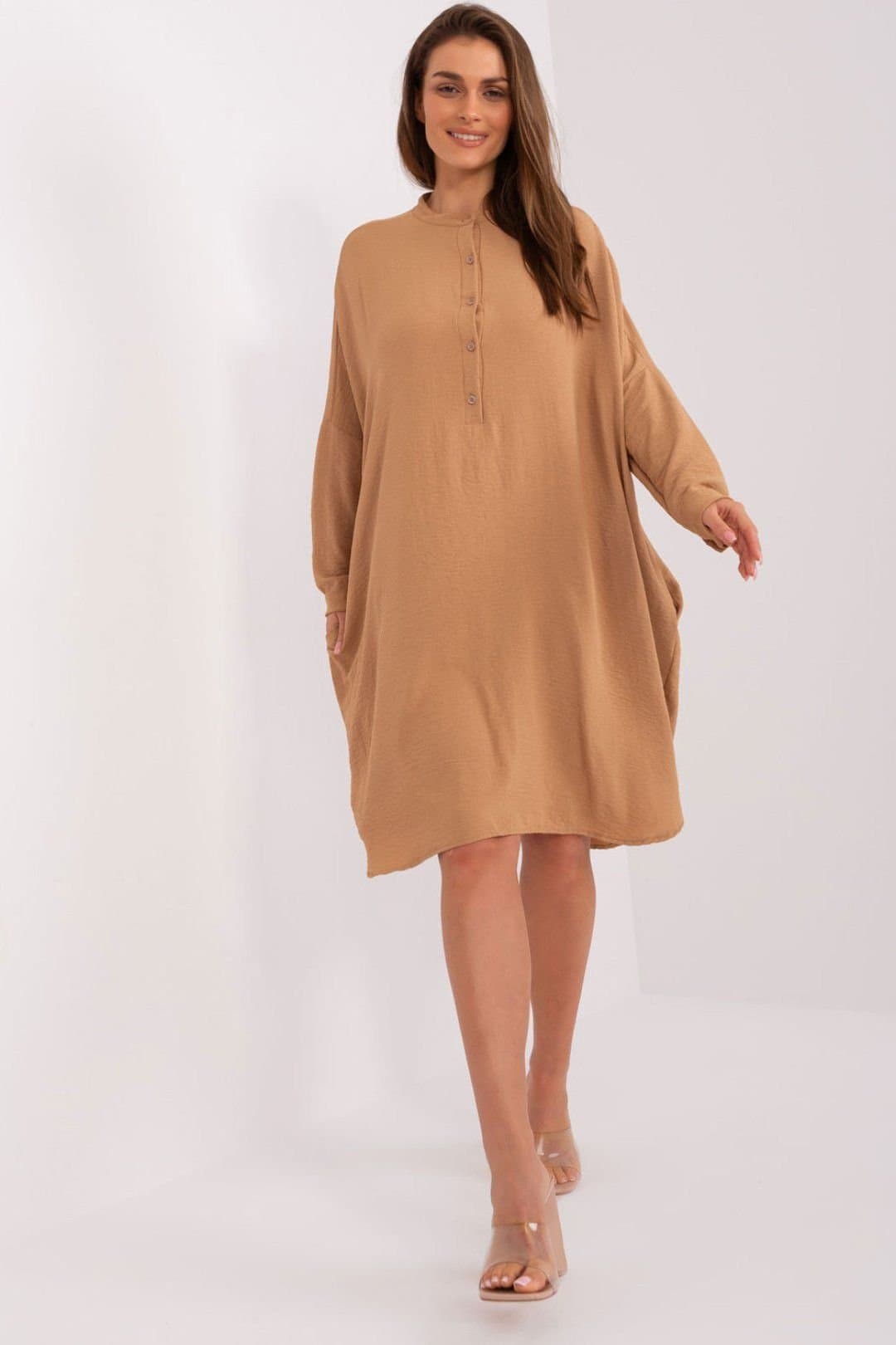 Love Lace Love Lace Women's Long Sleeve Loose Fit Button Shirt Dress in Brown