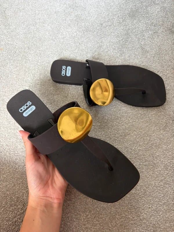 ASOS Brown gold detail flip flop sandals summer ASOS size 6 embellished