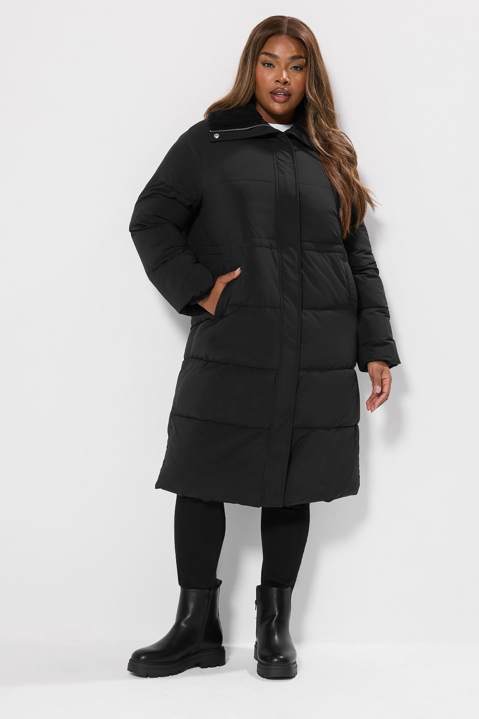 Yours Plus Size Black Funnel Neck Midi Coat