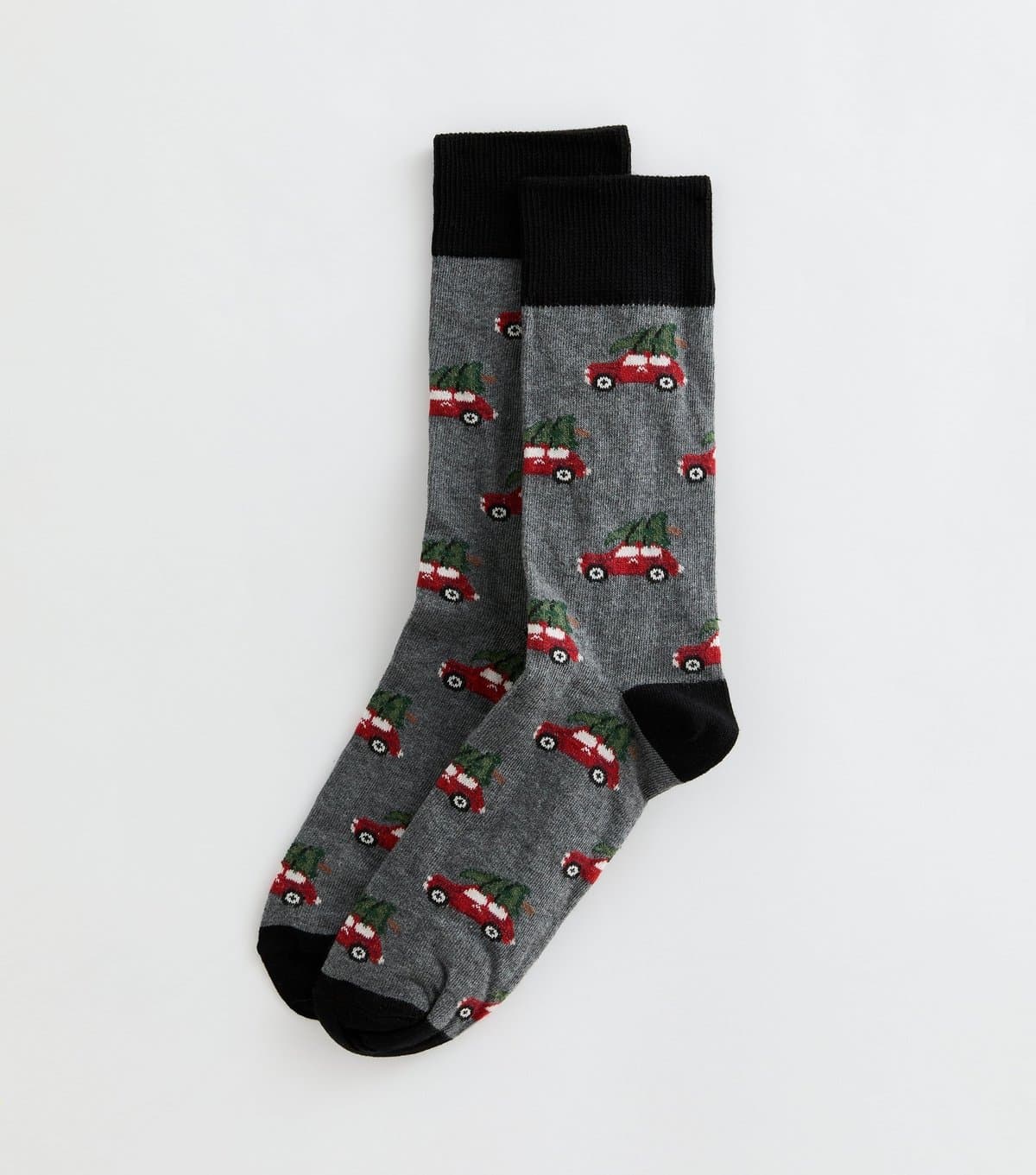 New Look Men's Dark Grey Cotton Rich Christmas Tree and Car Patterned Ankle Socks New Look
