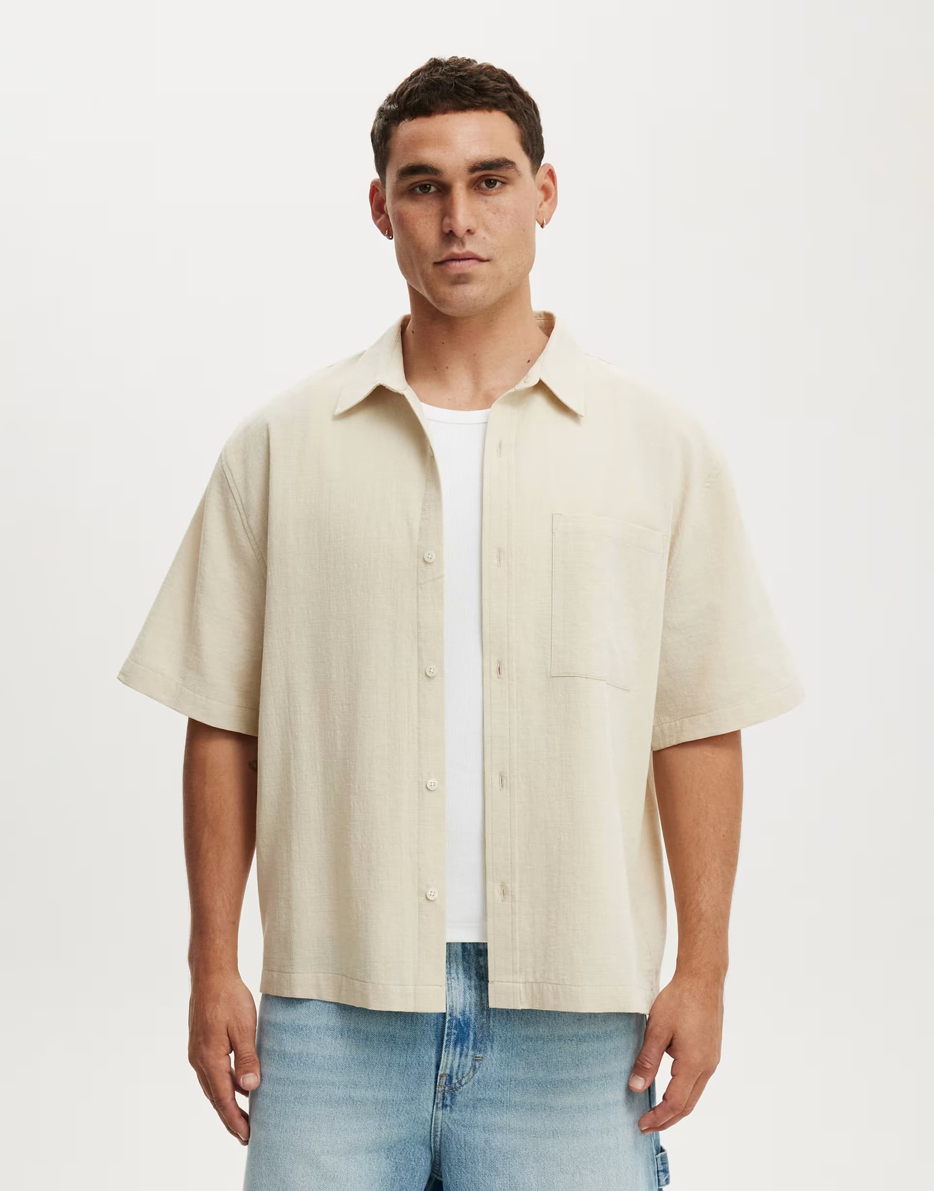 ASOS Cotton On Boxy fit short sleeve shirt in beige