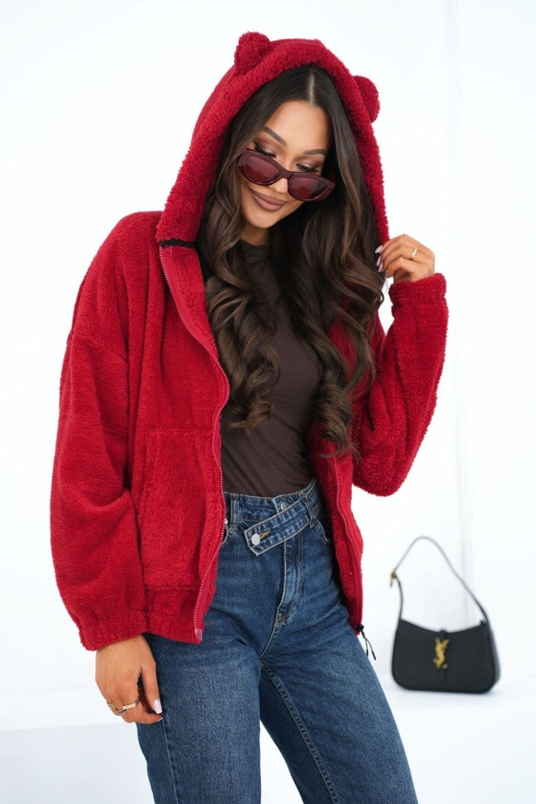 Love Lace Love Lace Women's Zip Up Teddy Bear Hooded Sweatshirt in Red - 4