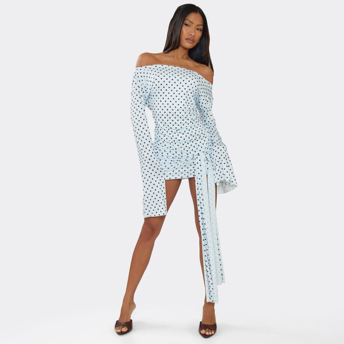 EGO Long Flared Sleeve Drape Detail Mini Bodycon Dress In Blue Polka Dot, Women's Size UK 6 - 1