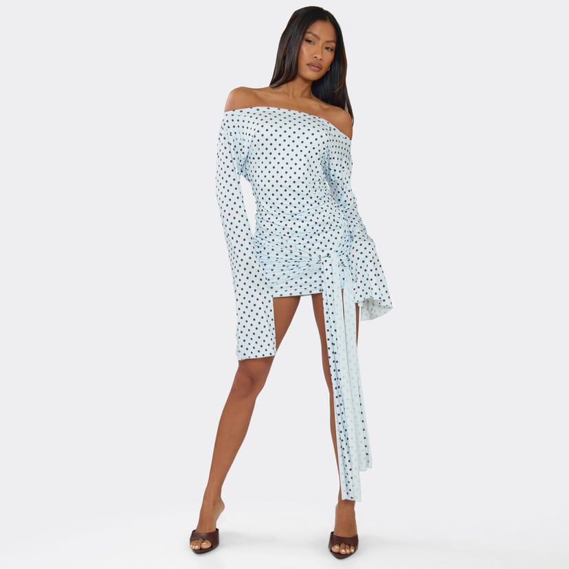 EGO Long Flared Sleeve Drape Detail Mini Bodycon Dress In Blue Polka Dot, Women's Size UK 6 - 1