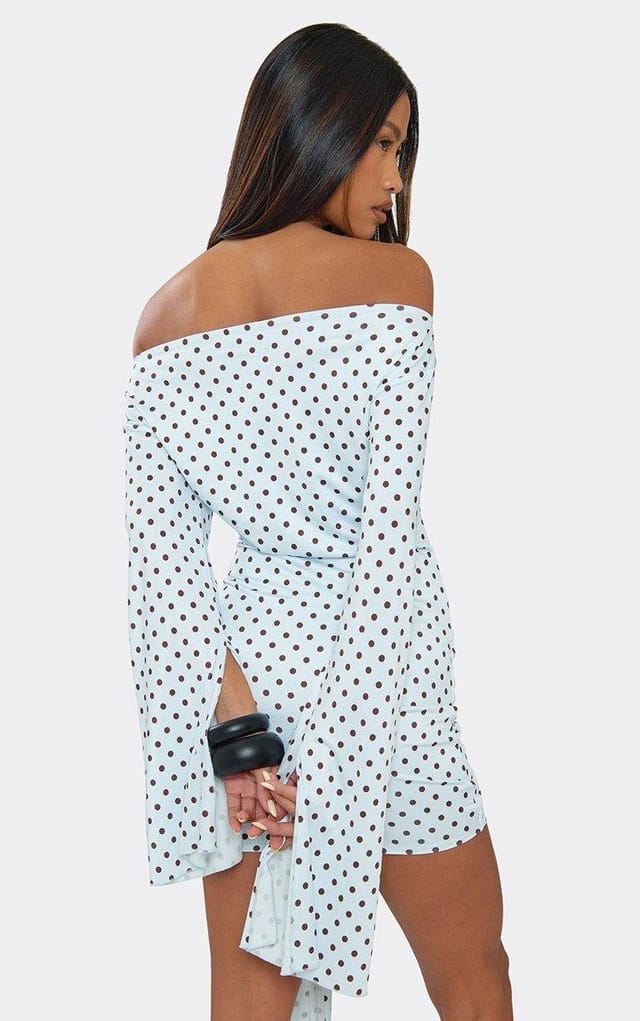EGO Long Flared Sleeve Drape Detail Mini Bodycon Dress In Blue Polka Dot, Women's Size UK 6 - 2