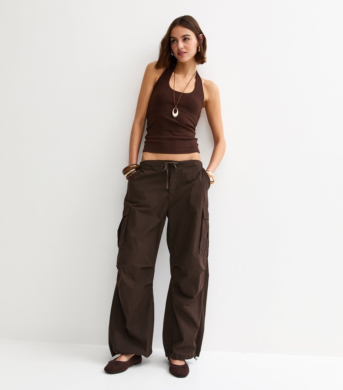 New Look Women's Dark Brown Cargo Pocket Parachute Trousers New Look