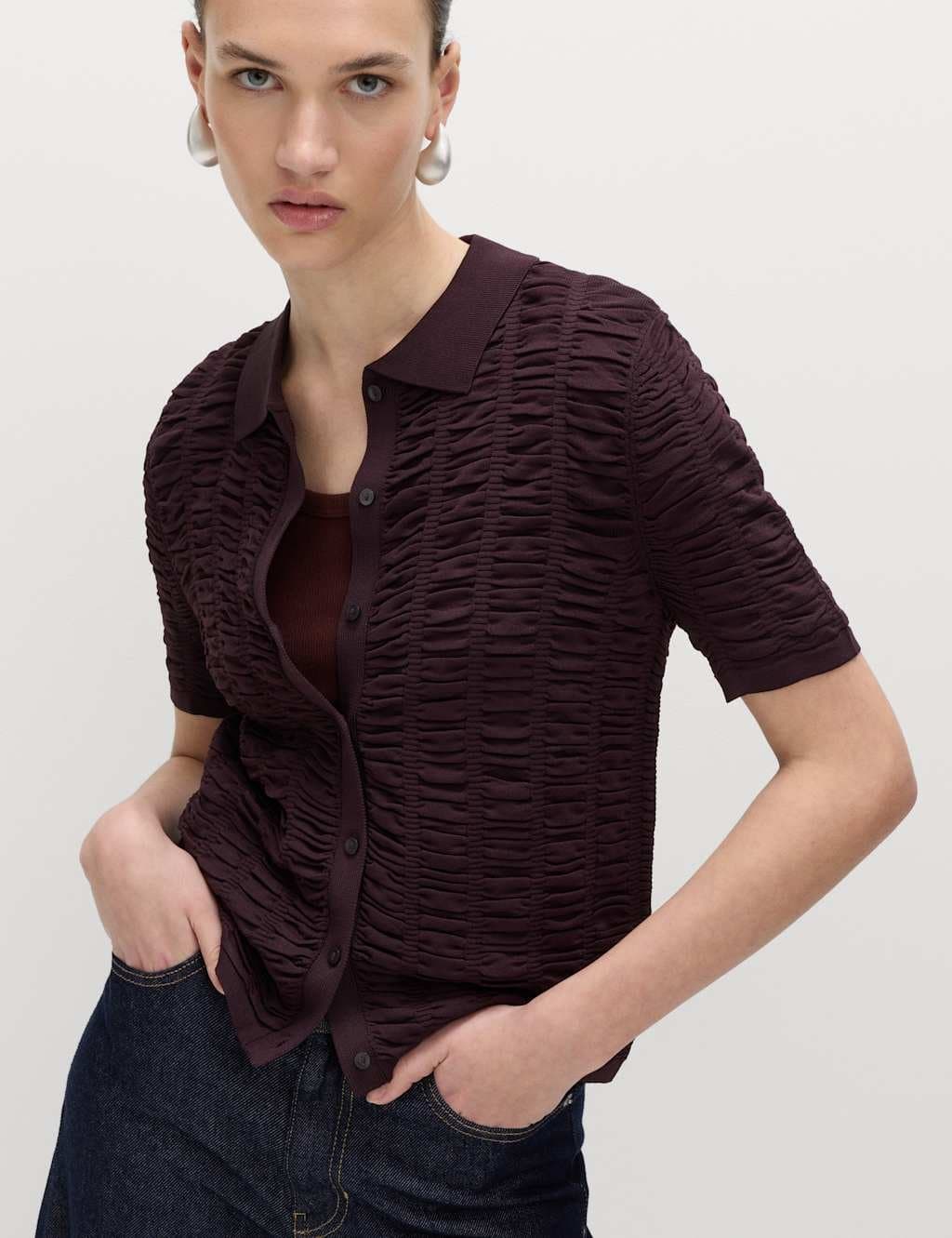 Marks & Spencer M&S Textured Collared Fitted Cardigan Raisin