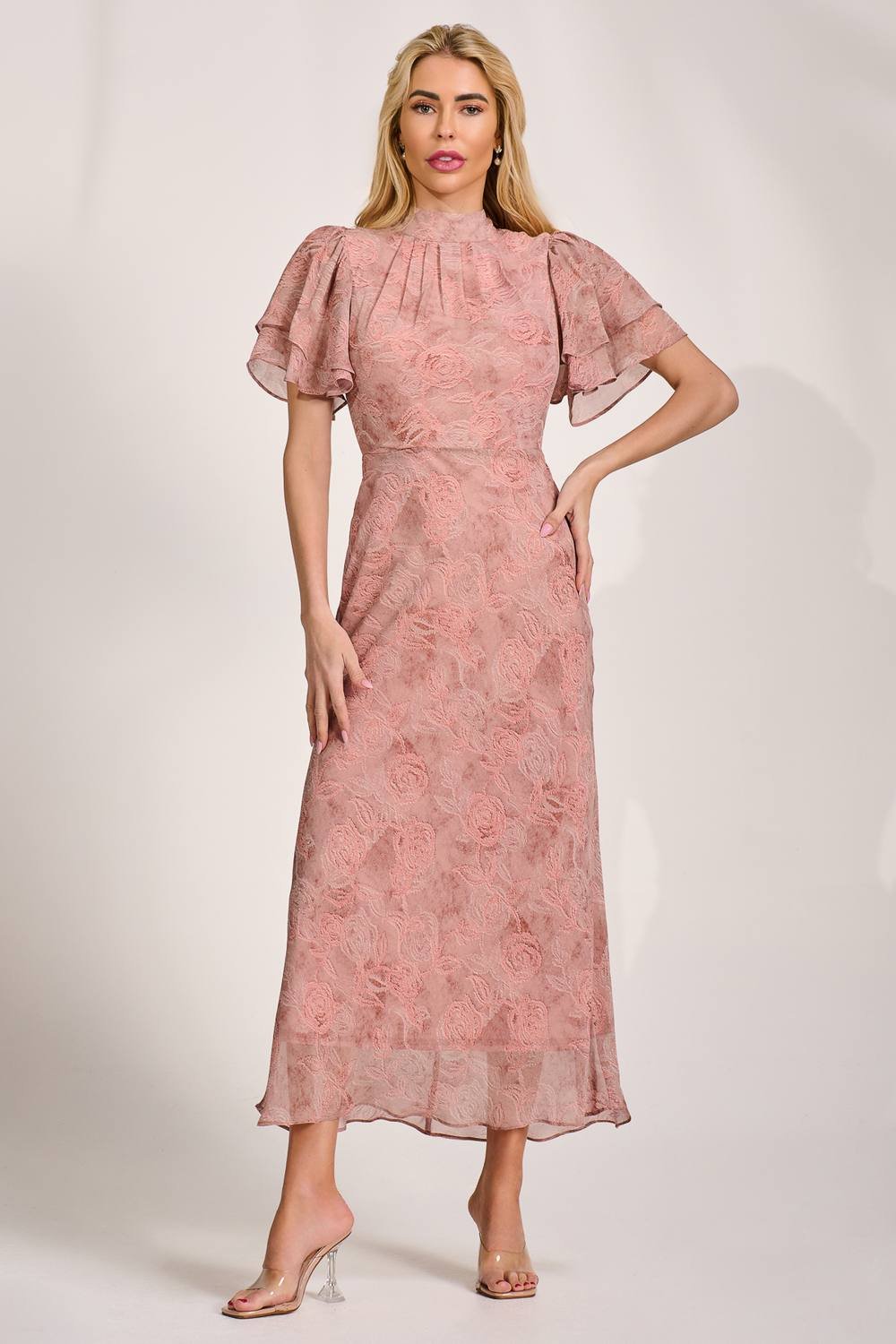 Jolie Moi Jolie Moi Women's High Neck Angel Sleeve Chiffon Maxi Dress in Pink - 2