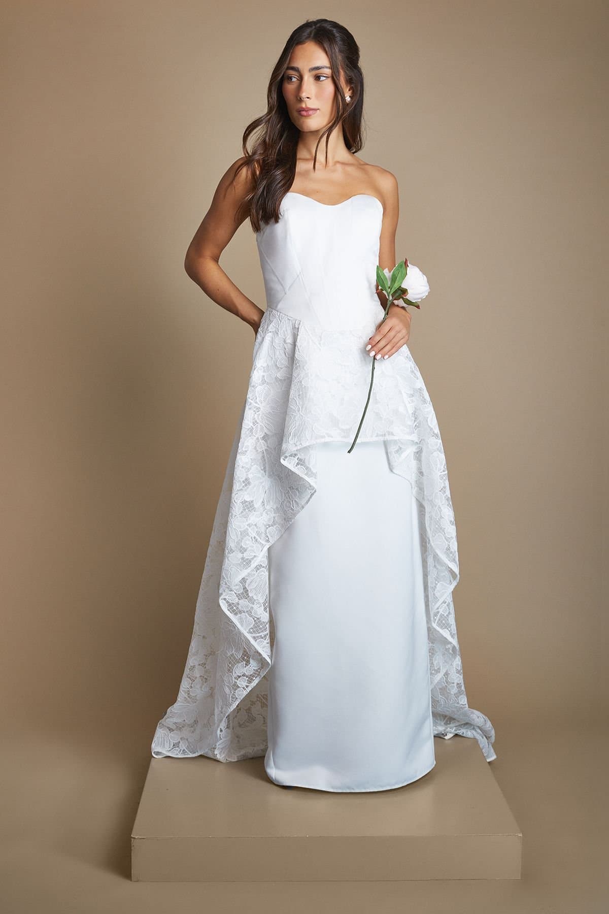 Coast Coast Women's Floral Overlay High Low Wedding Dress With Train in Ivory