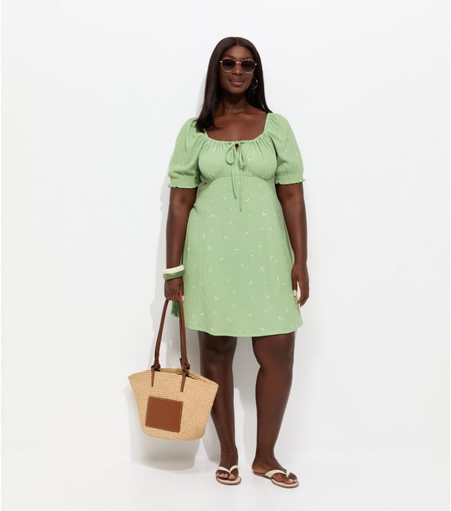 New Look Women's Plus Size Green Ditsy Pattern Milkmaid Crinkle Texture Mini Dress Curves New Look - 3