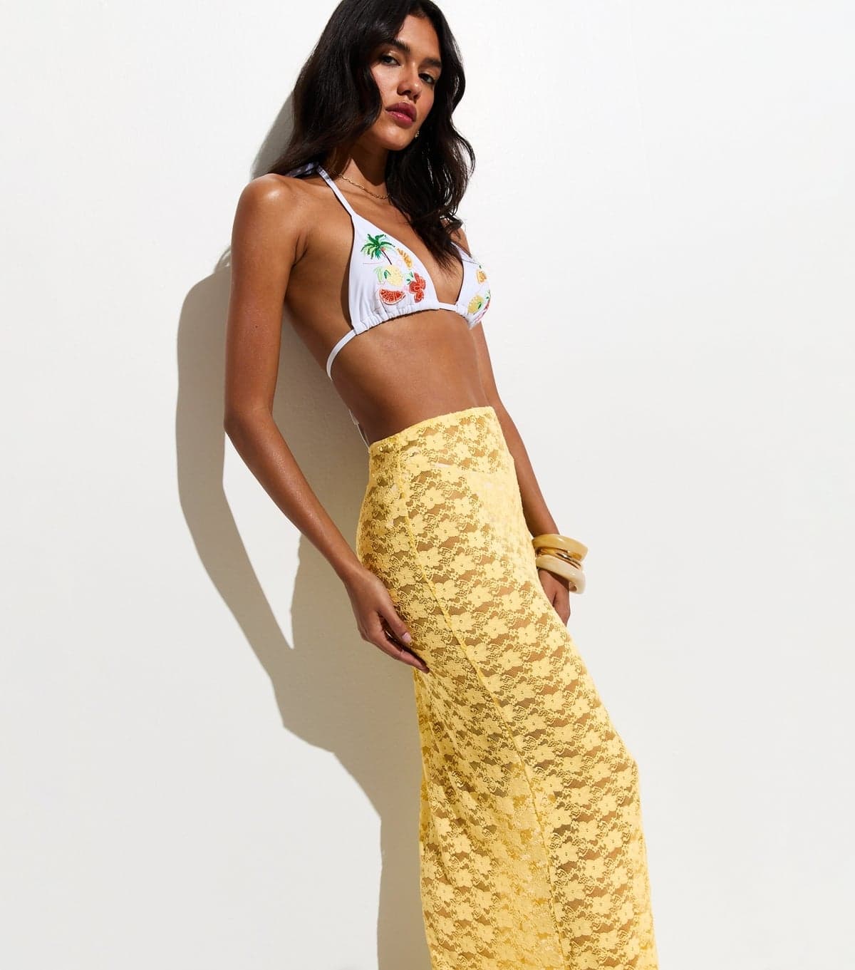 New Look Women's Light Yellow Lace Column Beach Maxi Skirt New Look