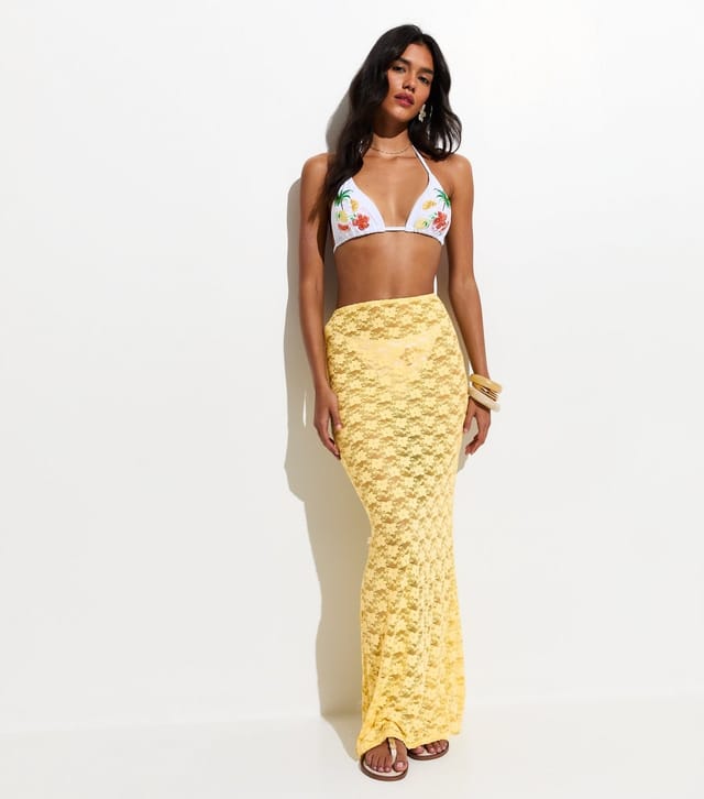 New Look Women's Light Yellow Lace Column Beach Maxi Skirt New Look - 3