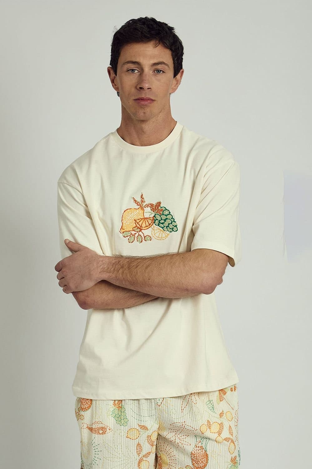Native Youth Native Youth Men's Cotton Tropical Fruit Embroidered Graphic Print Short Sleeve T-Shirt in Off-White