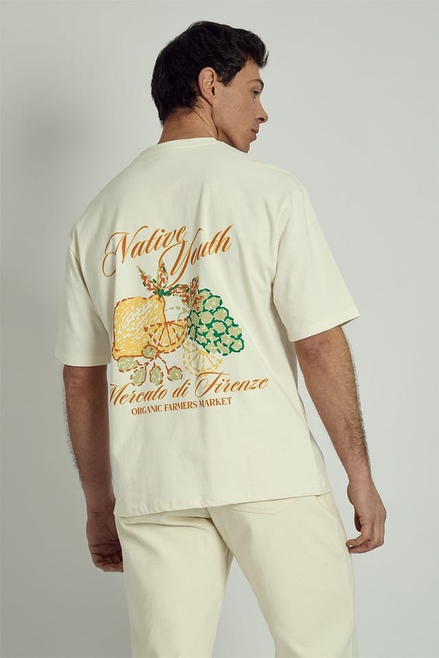 Native Youth Native Youth Men's Cotton Tropical Fruit Embroidered Graphic Print Short Sleeve T-Shirt in Off-White - 2