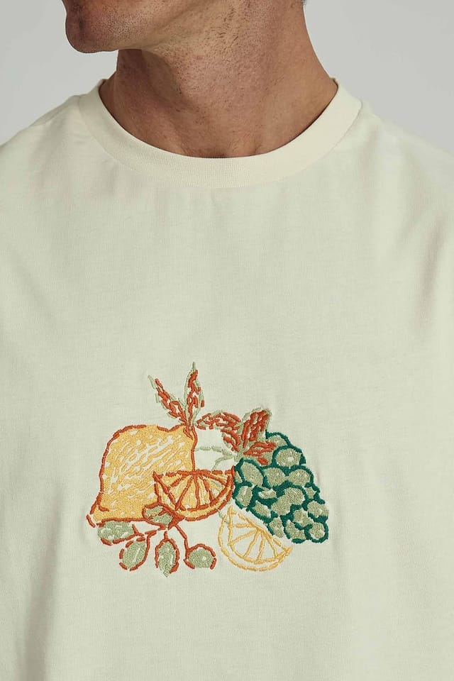 Native Youth Native Youth Men's Cotton Tropical Fruit Embroidered Graphic Print Short Sleeve T-Shirt in Off-White - 3