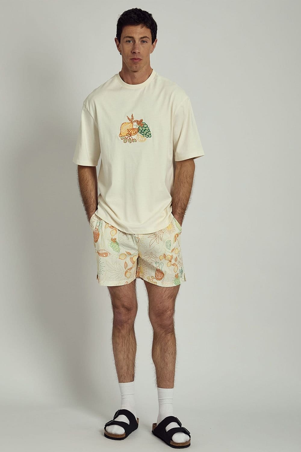 Native Youth Native Youth Men's Cotton Tropical Fruit Embroidered Graphic Print Short Sleeve T-Shirt in Off-White - 4