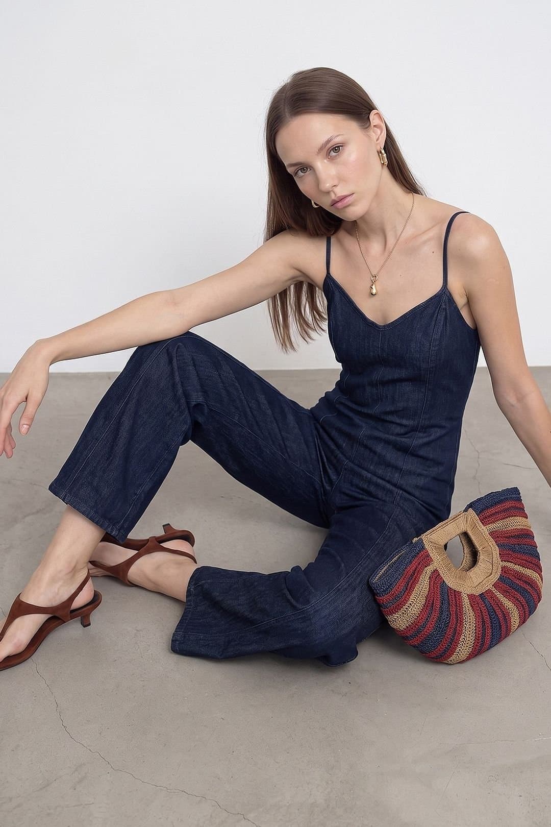 Dilvin Dilvin Women's Cotton Straight-Leg Jumpsuit in Dark Indigo