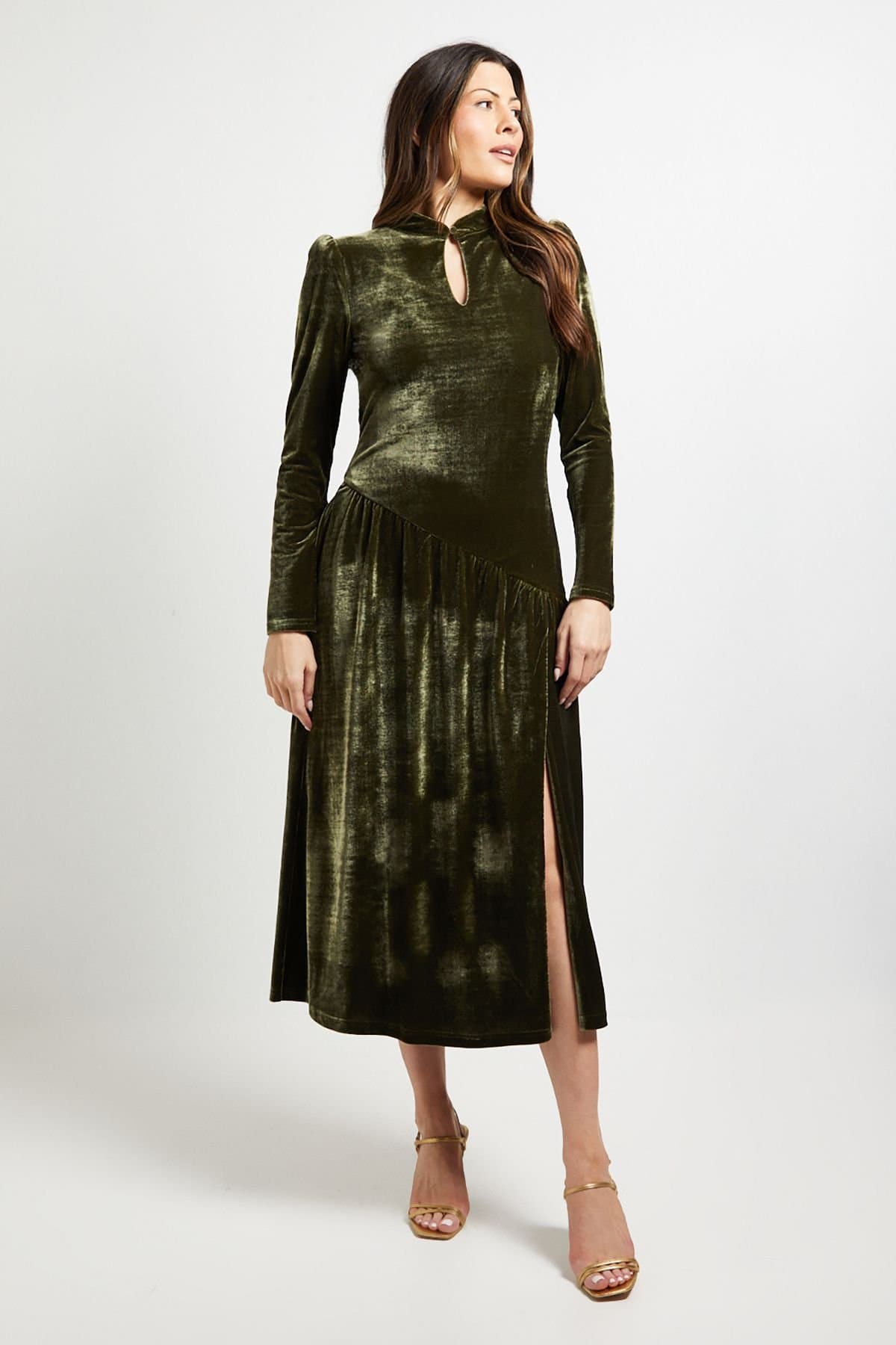 Principles Principles Women's High Neck Twist Keyhole Detail Velvet Midaxi Dress in Olive