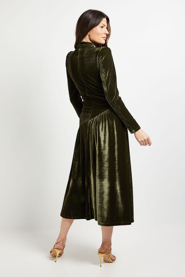 Principles Principles Women's High Neck Twist Keyhole Detail Velvet Midaxi Dress in Olive - 3