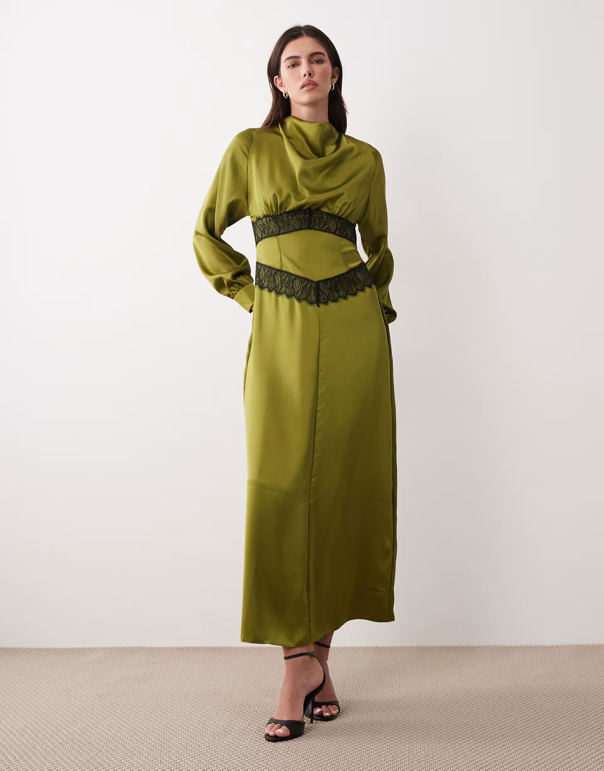 ASOS ASOS DESIGN satin high neck lace detail maxi dress in olive