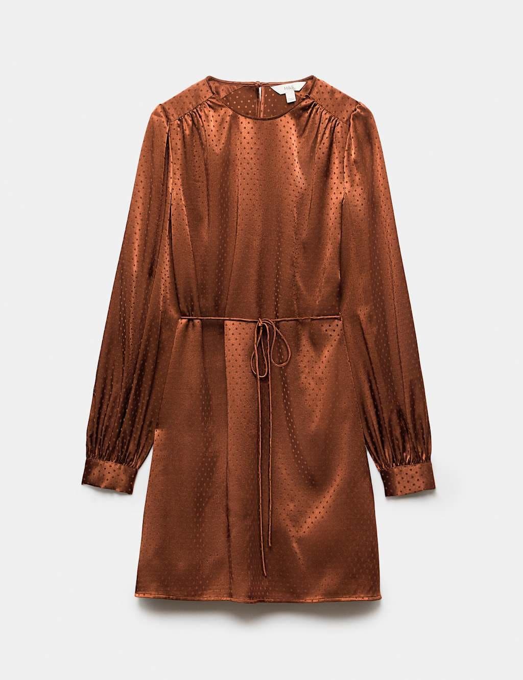 Marks & Spencer M&S Satin Polka Dot Jacquard Mini Waisted Dress Cognac
