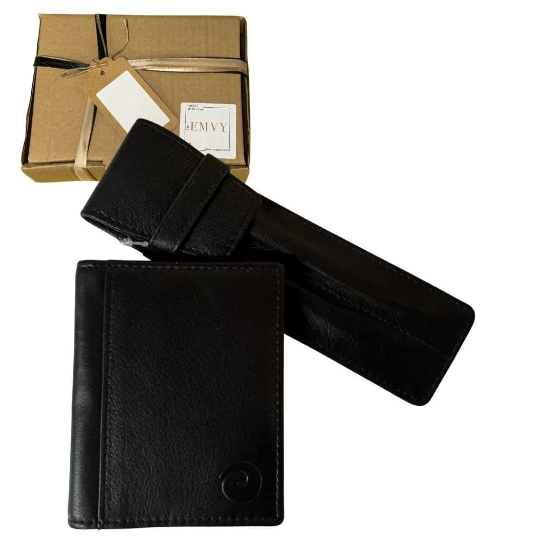 Love EMVY Love EMVY Men's Leather Gift Set - Card Holder & Double Pen Case in Black