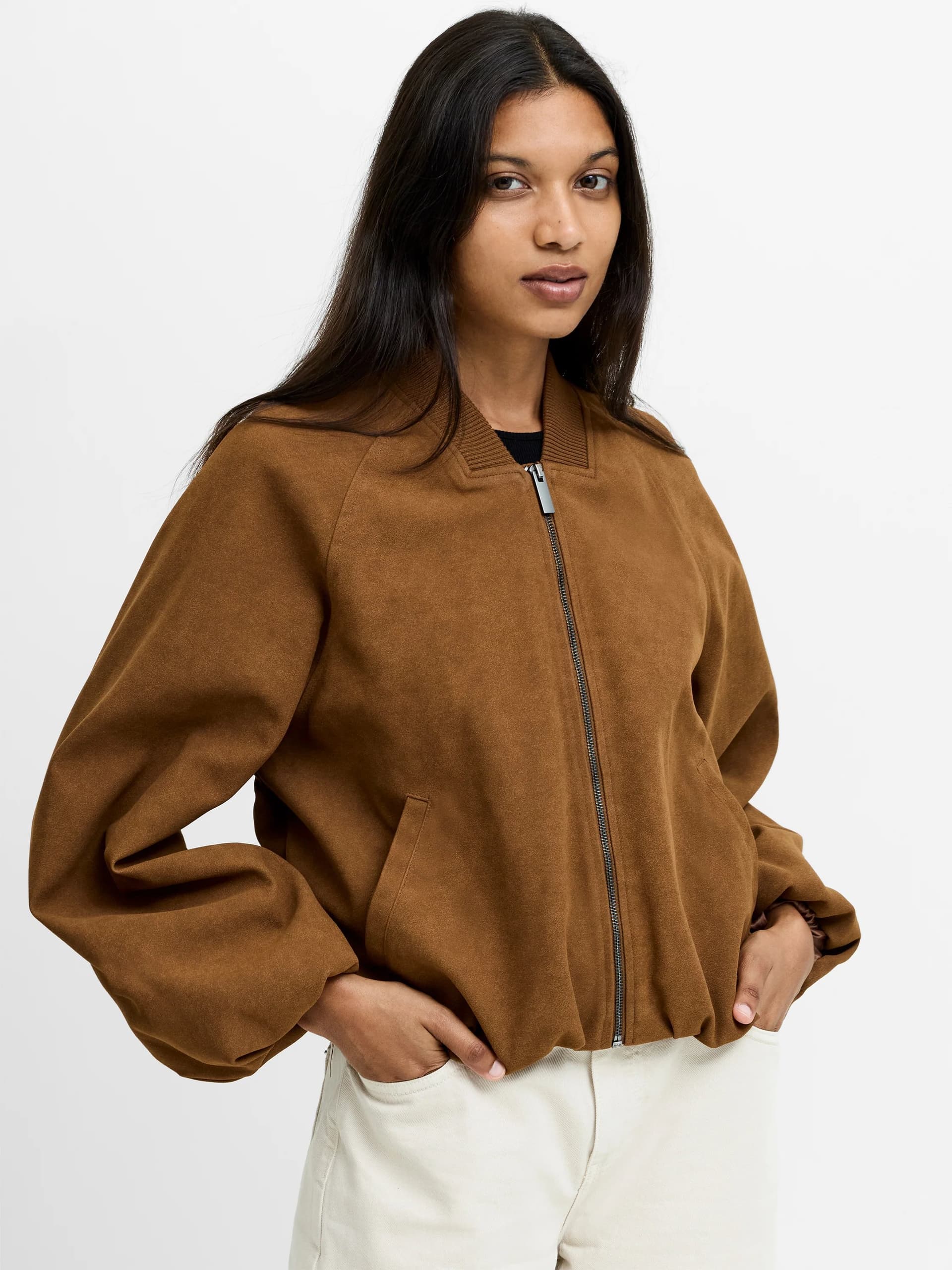 French Connection Orelia Brown Faux Suede Bomber Jacket Toffee Brown