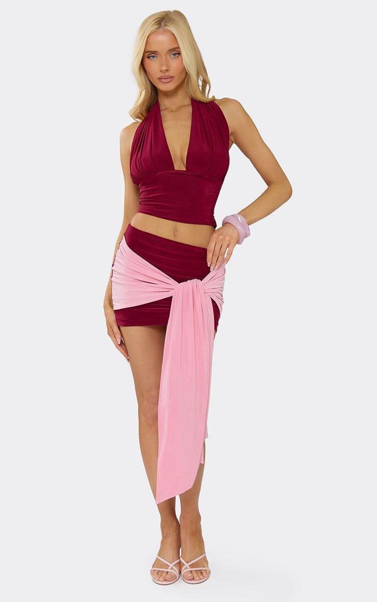 EGO Contrast Draped Front Mini Skirt In Burgundy, Women's Size UK 6 - 2