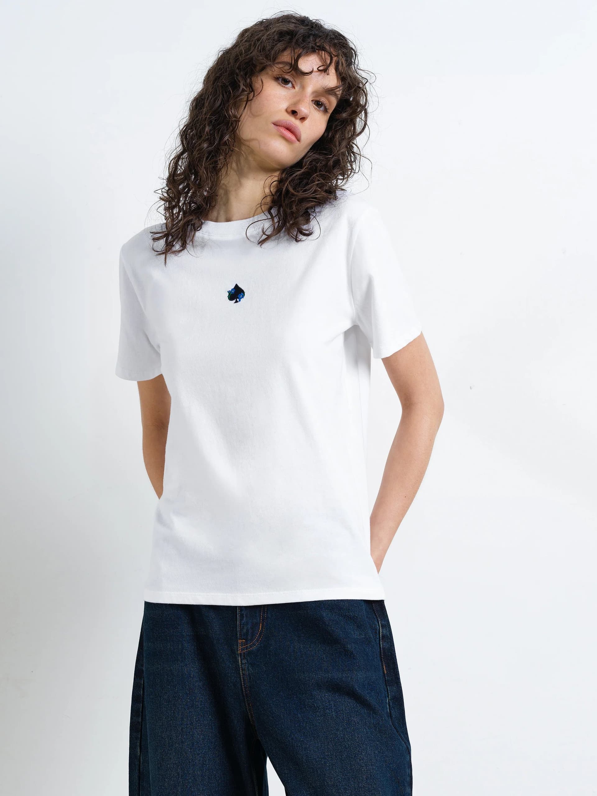 French Connection Ace of Spades Floral Embroidered Graphic T-Shirt Linen White