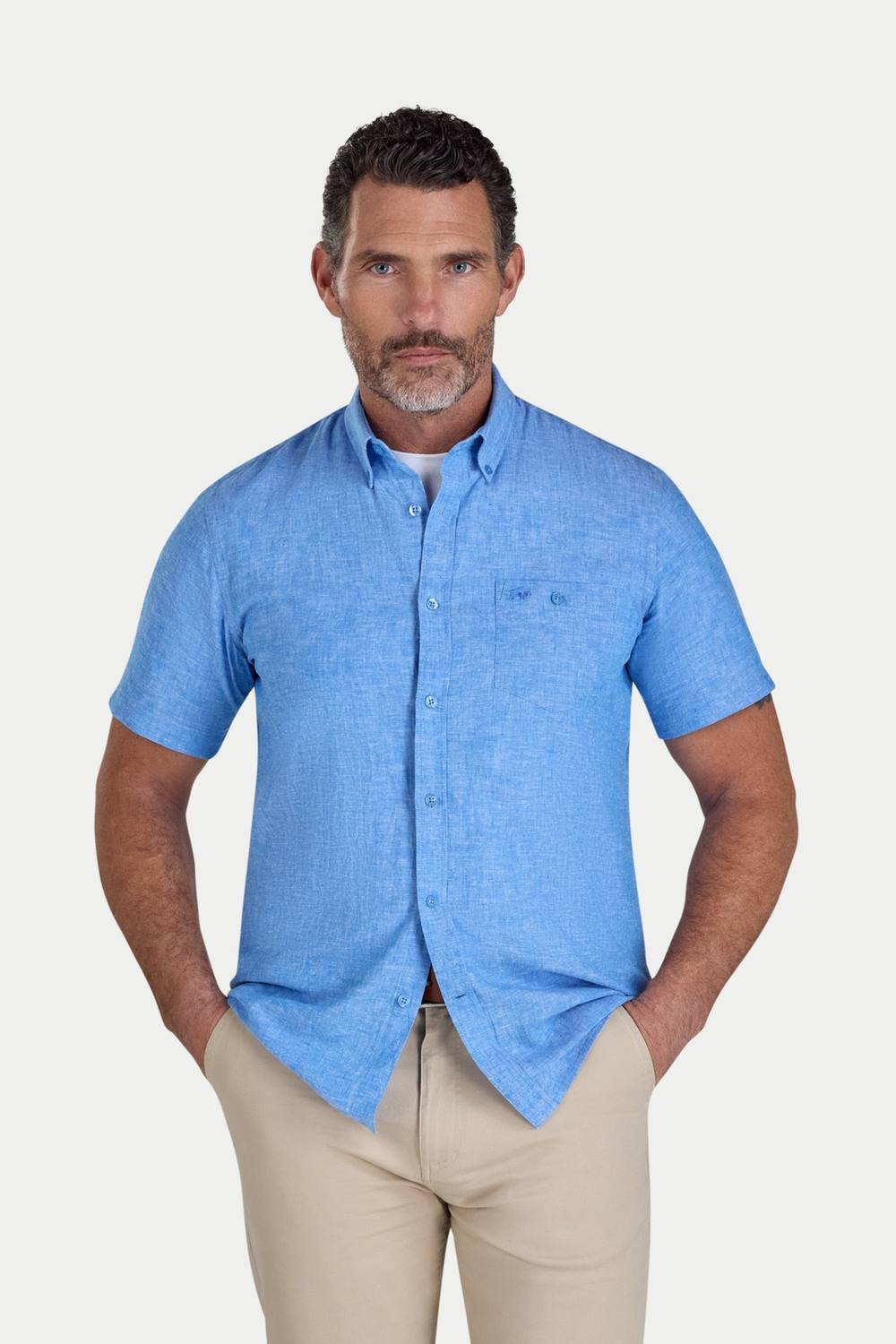 raging bull Raging Bull Men's Short Sleeve Classic Linen Shirt in Bright Blue - 3