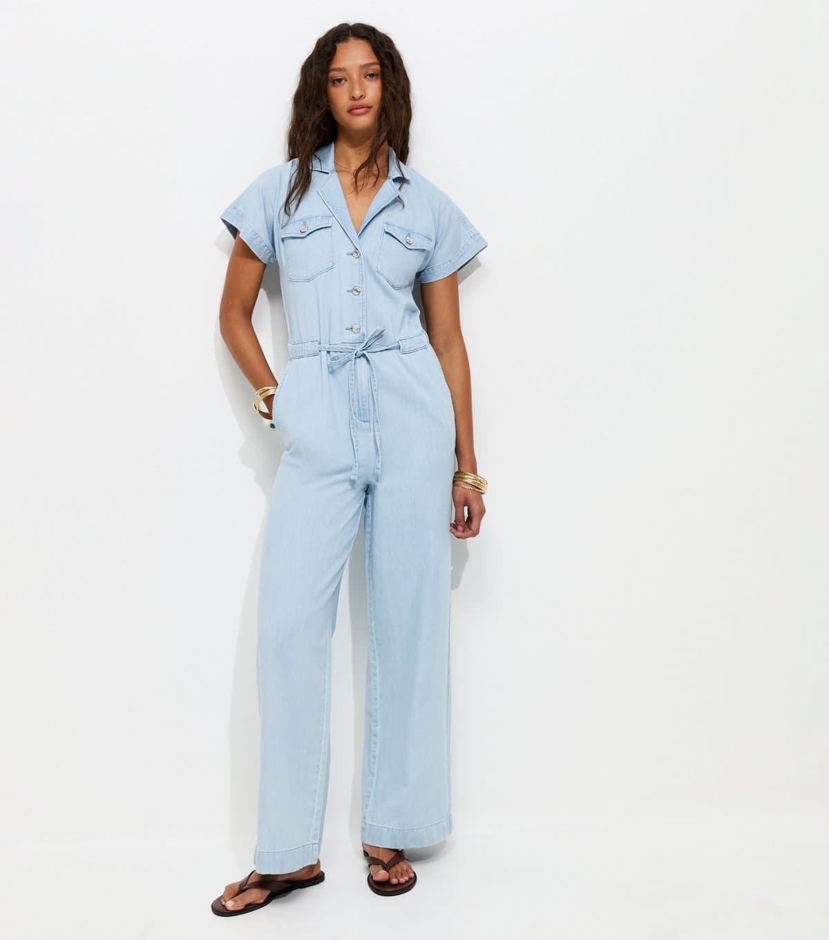 New Look Women's Light Blue Denim Short Sleeve Jumpsuit New Look