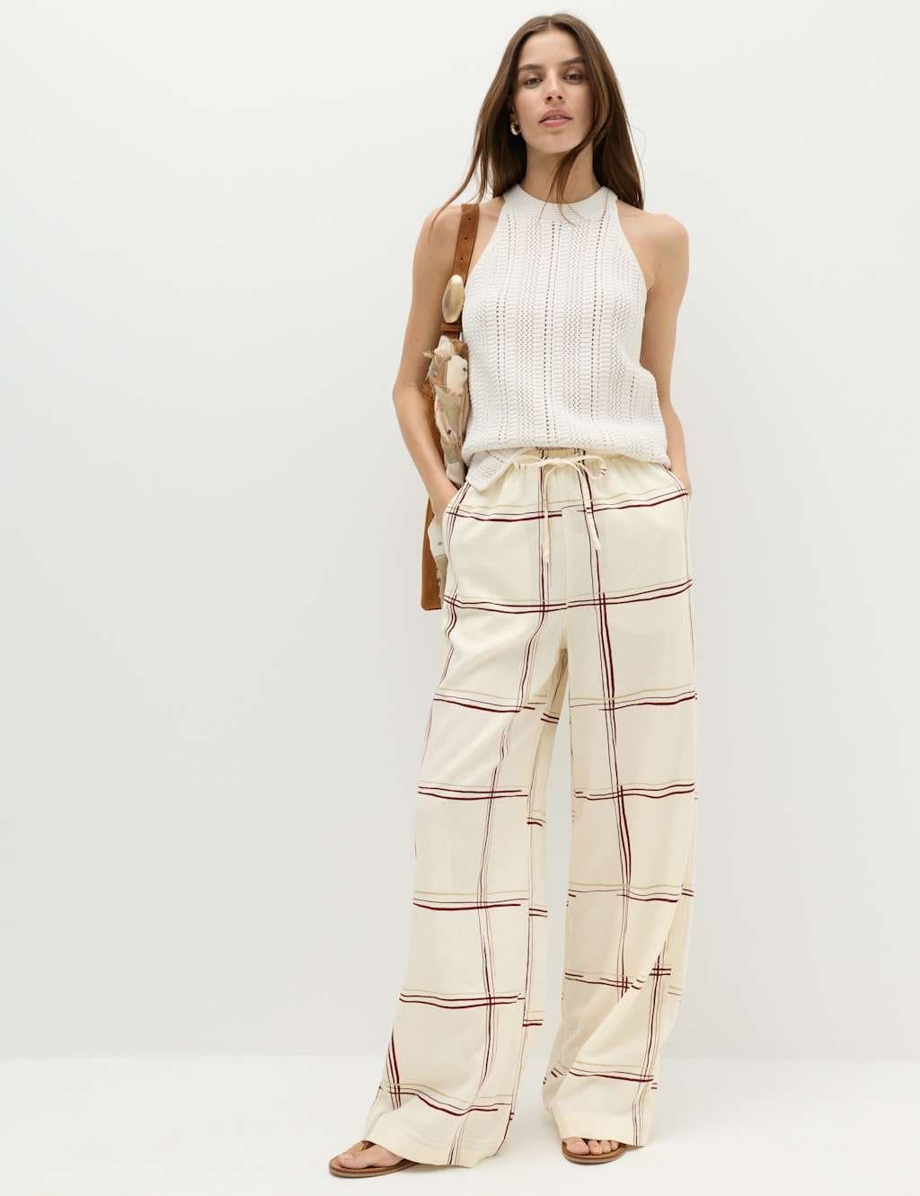 Marks & Spencer M&S Linen Rich Checked Wide Leg Trousers White Mix