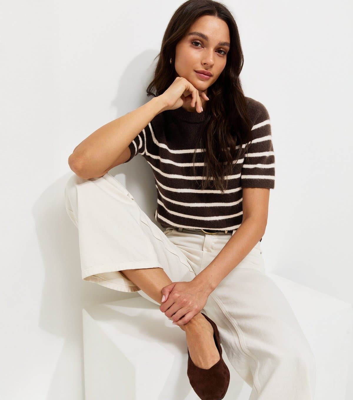 New Look Women's Brown Knitted Horizontal Stripe Set In Sleeve T-Shirt New Look