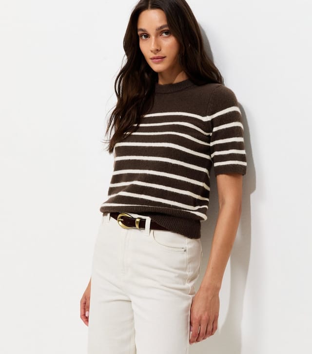 New Look Women's Brown Knitted Horizontal Stripe Set In Sleeve T-Shirt New Look - 2