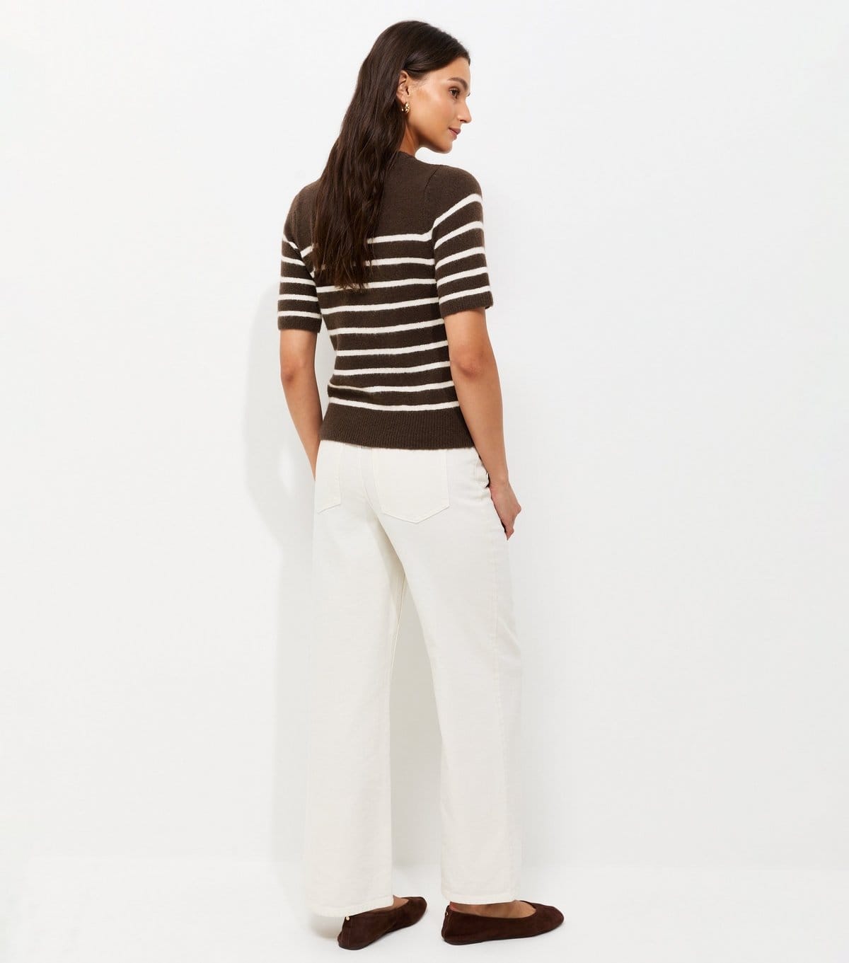 New Look Women's Brown Knitted Horizontal Stripe Set In Sleeve T-Shirt New Look - 4