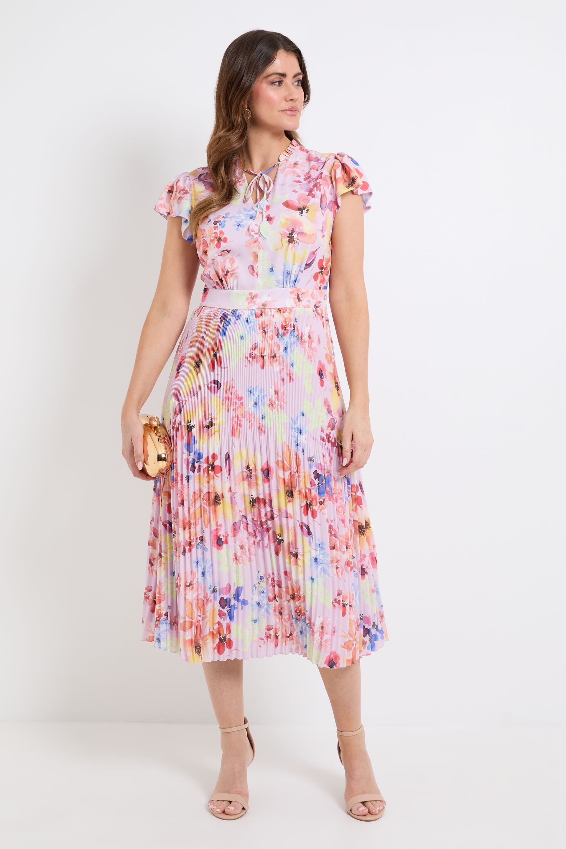 Wallis Wallis Women's Ruffle Neck Pleated Midi Dress in Pink