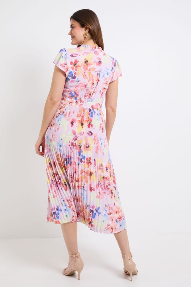 Wallis Wallis Women's Ruffle Neck Pleated Midi Dress in Pink - 3