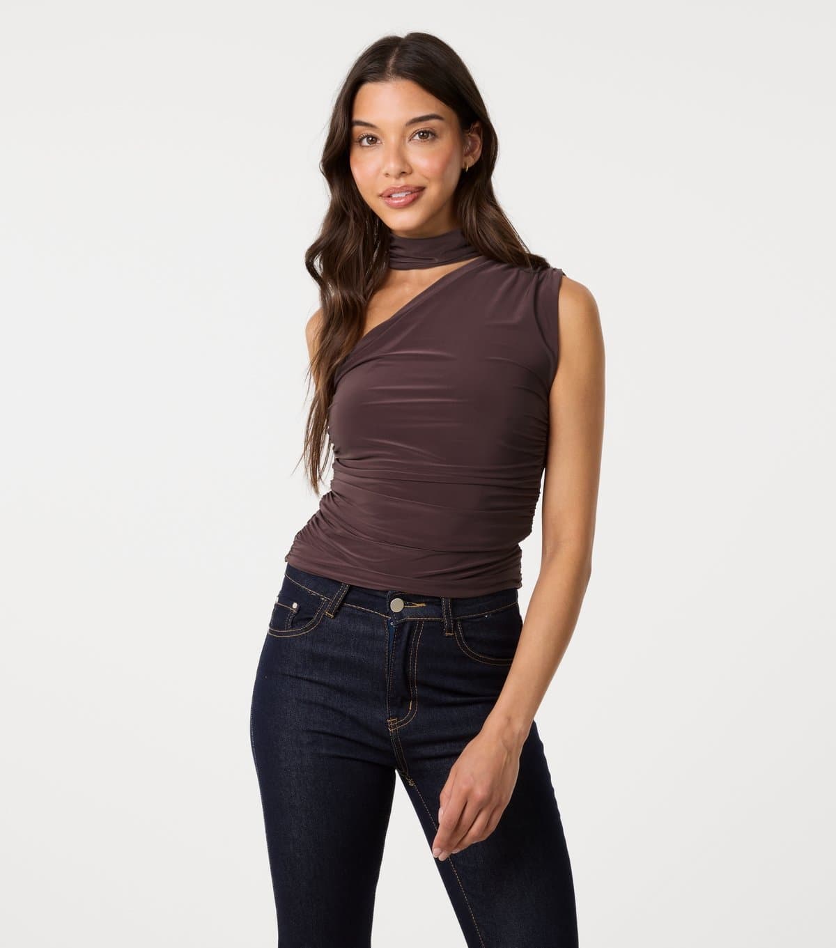 Pink Vanilla Women's Dark Brown Slinky One Shoulder Halter Neck Top Pink Vanilla New Look
