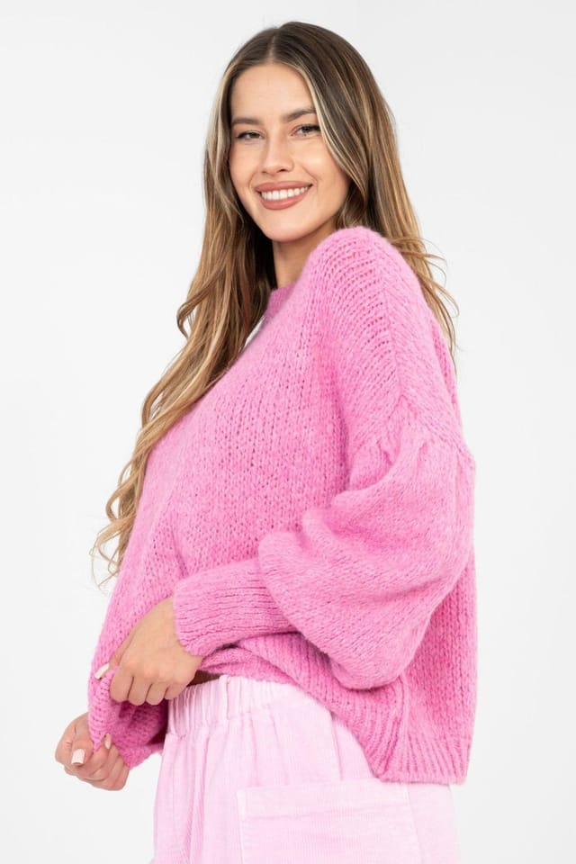 Love Lace Love Lace Women's Stylish Knit Sweater with Puff Sleeves in Pink - 2