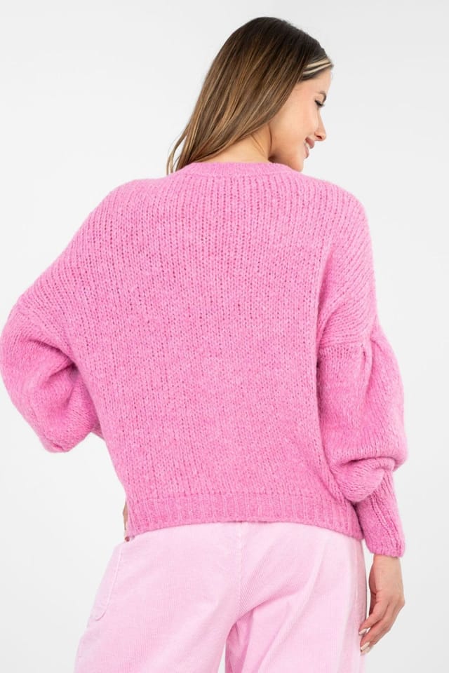 Love Lace Love Lace Women's Stylish Knit Sweater with Puff Sleeves in Pink - 3