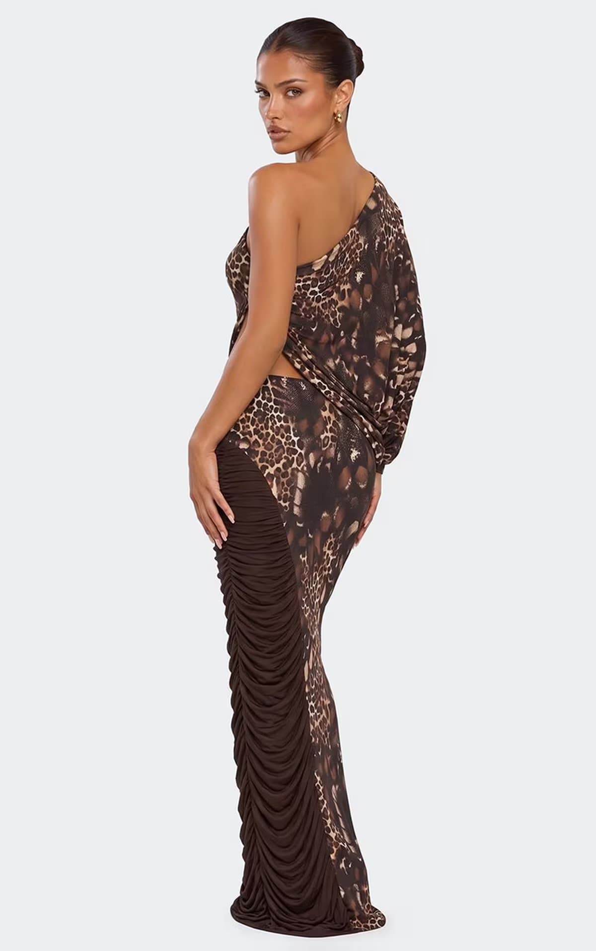 EGO One Sleeve Asymmetric Ruched Top In Brown Multi Animal Print, Women's Size UK 6
