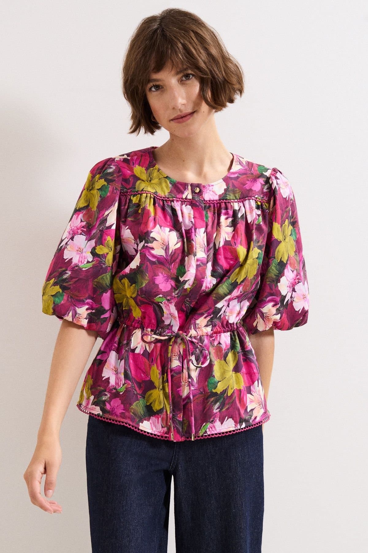Phase Eight Phase Eight Fuchsia Floral Puff Sleeve Blouse