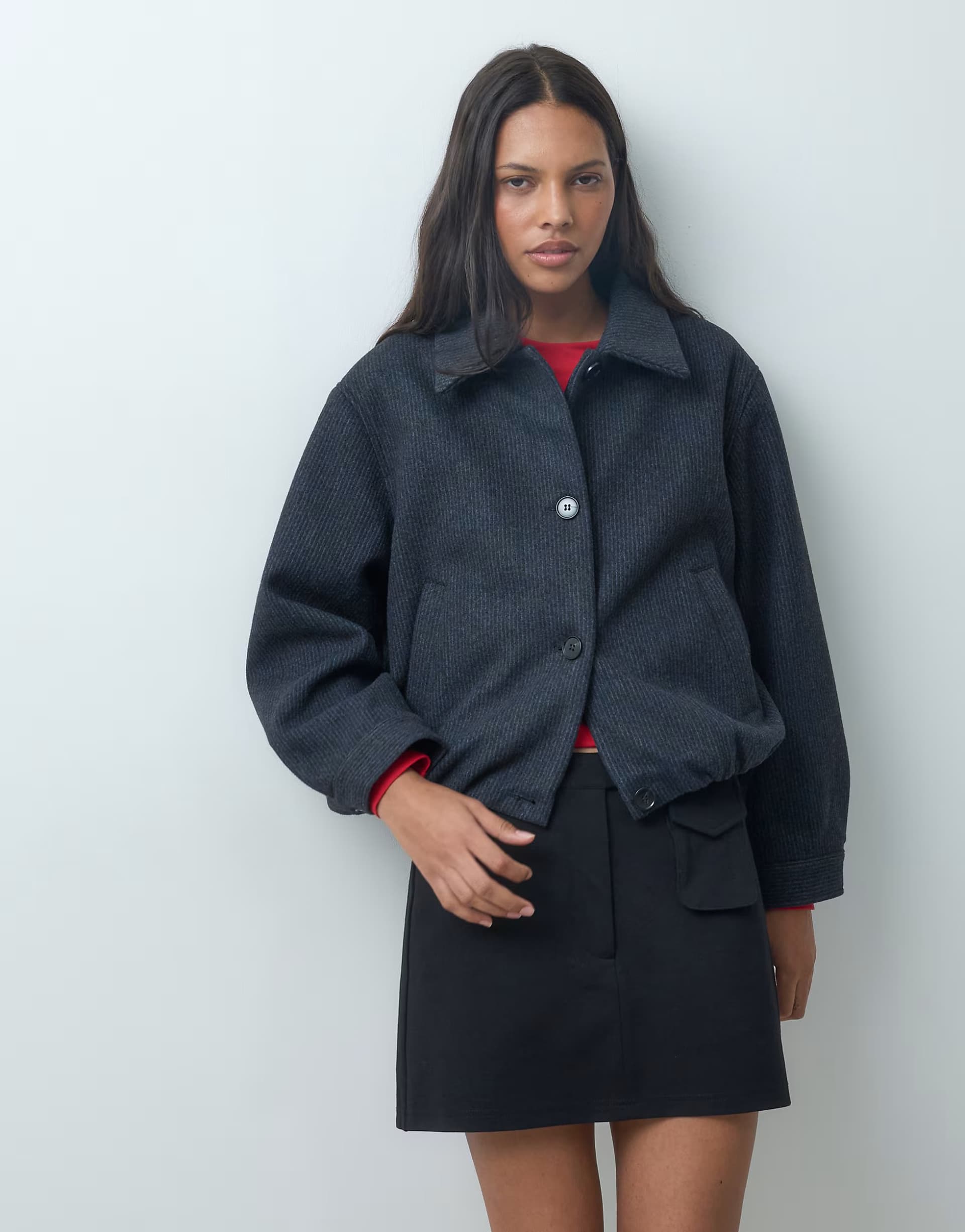 ASOS Mango Teen bubble hem button through short jacket in navy stripe