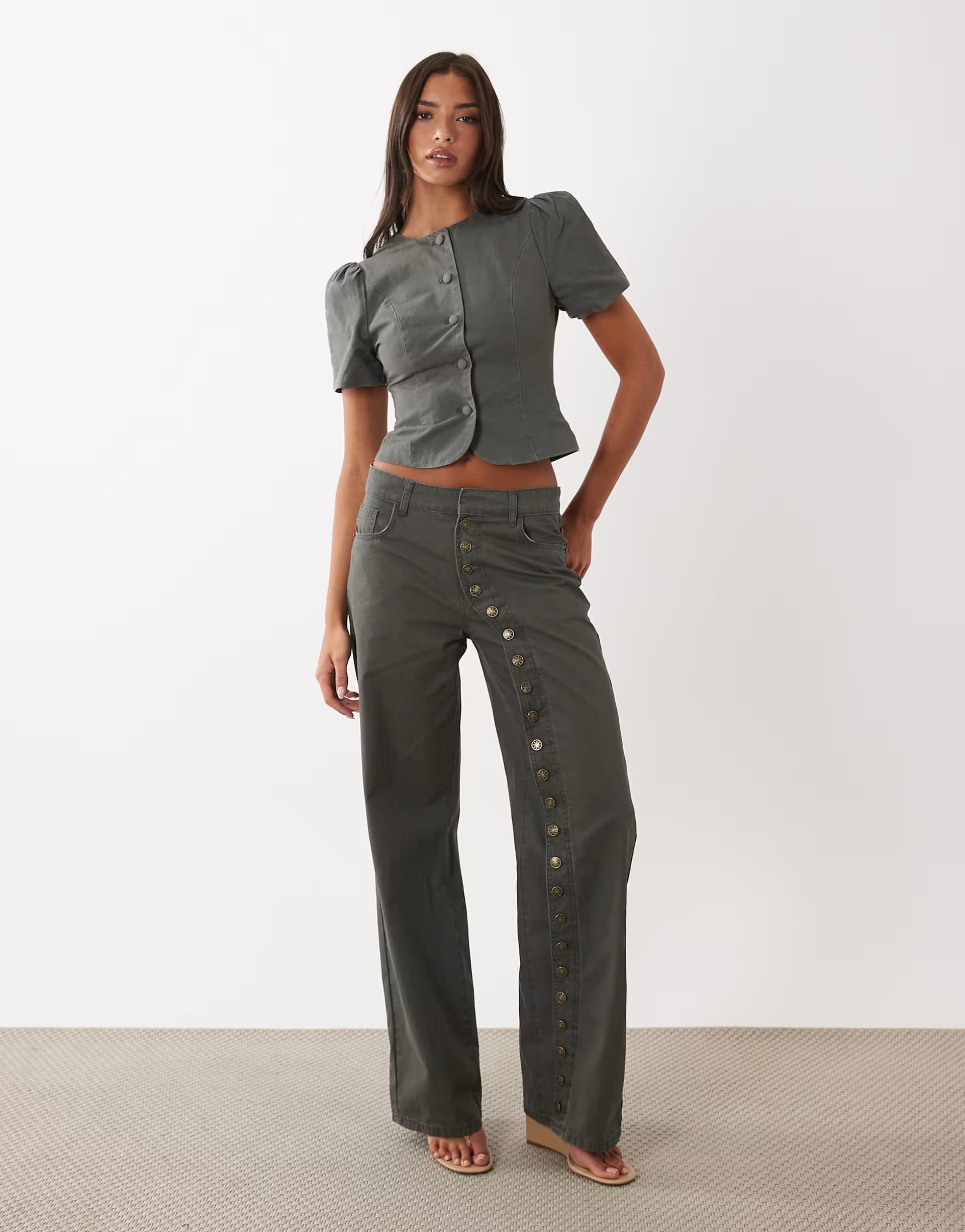 ASOS Lioness Penny asymmetric button detail relaxed leg jeans in charcoal