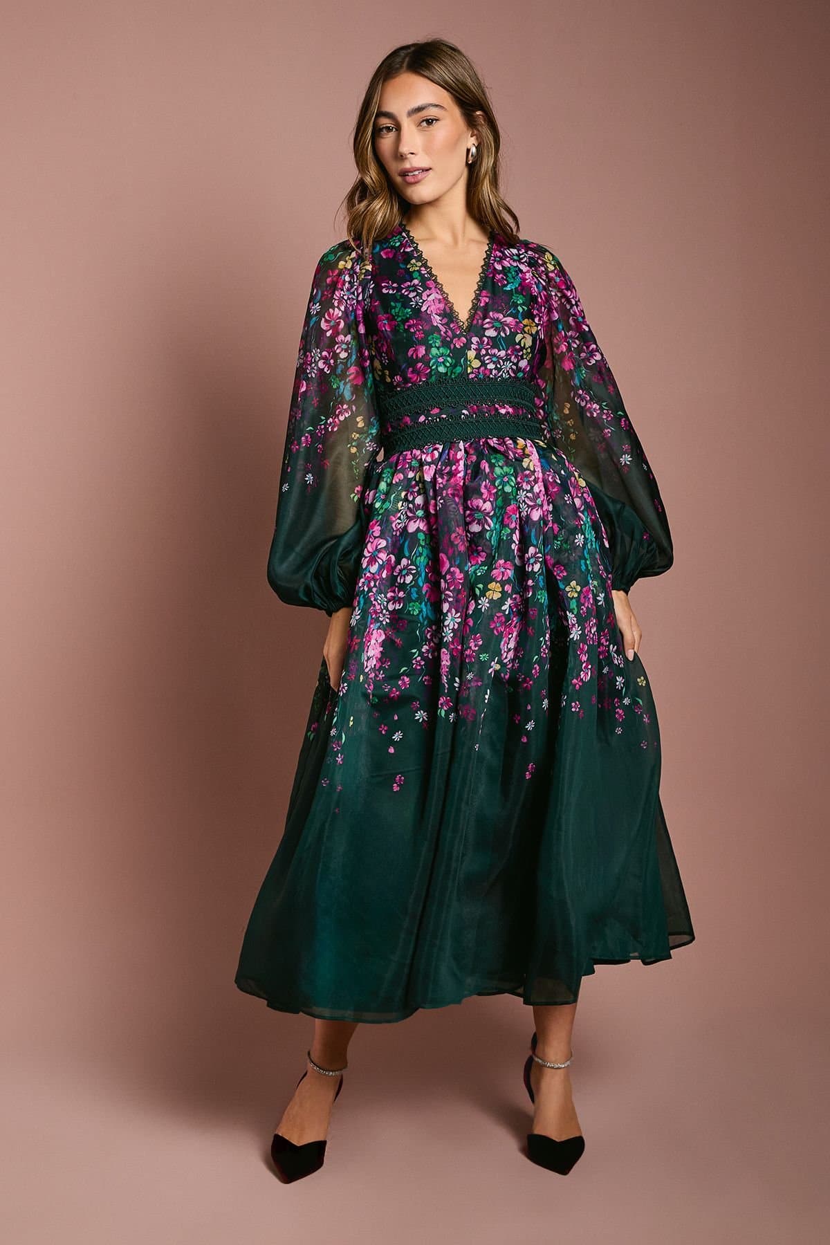 Coast Coast Women's Organza Floral Placement Lace Trim Midaxi Dress in Forest