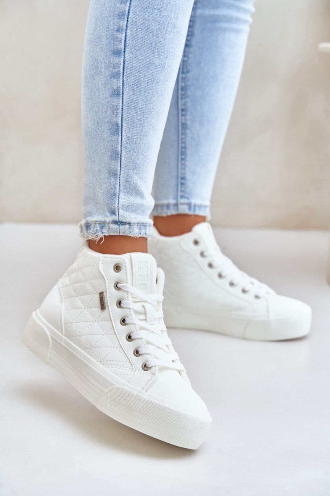 Love Lace Love Lace Women's Big Star Insulated Lace Up Sneakers with Stitch Detail in White
