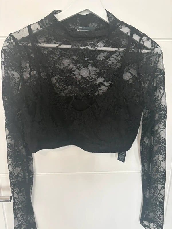 ASOS Design Black Lace Crop Top with Long Sleeves